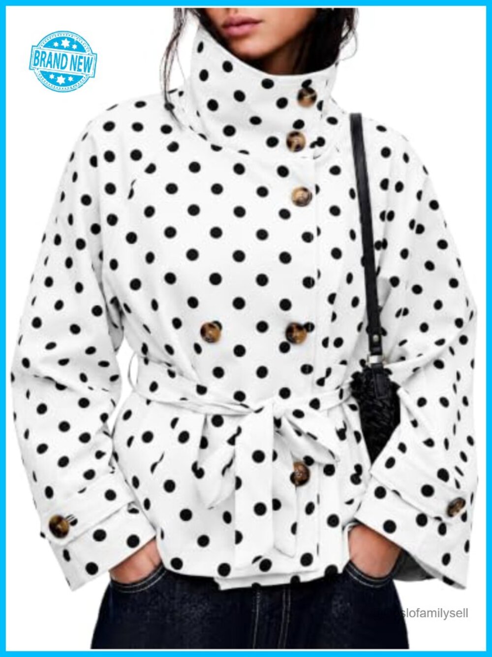 Womens Cropped Trench Coat Polka Dot Short Jacket Belted Casual
